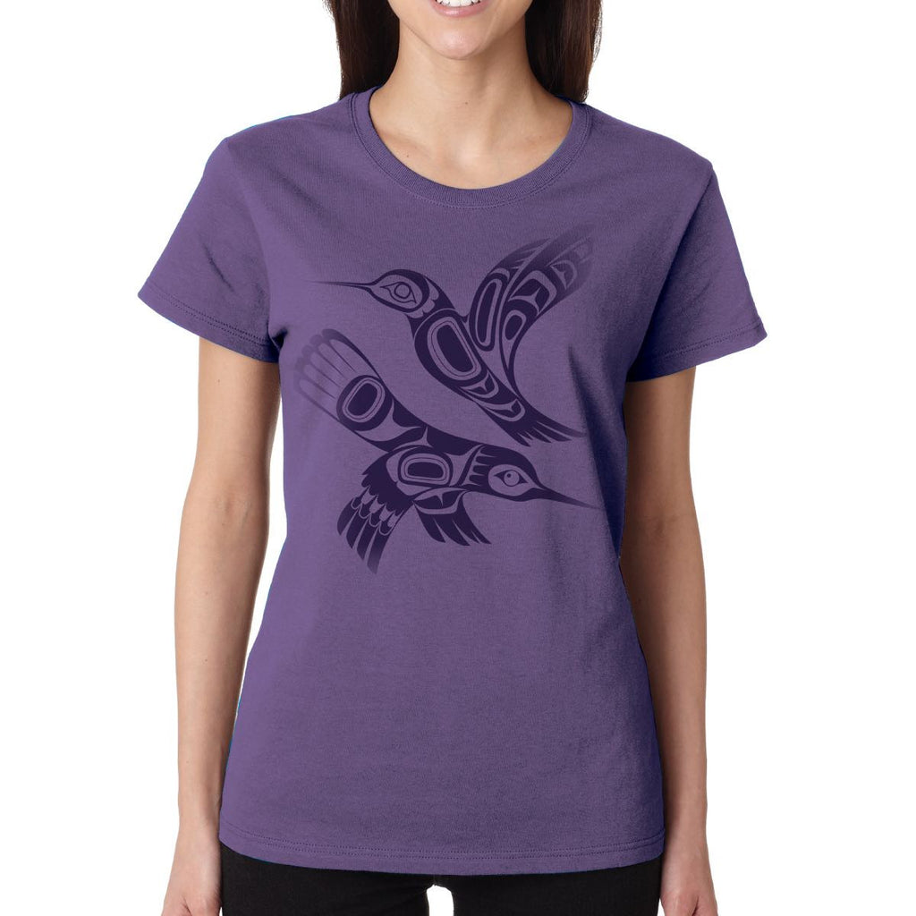 A purple ladies' T-shirt featuring an Indigenous design of two Haisla hummingbirds.