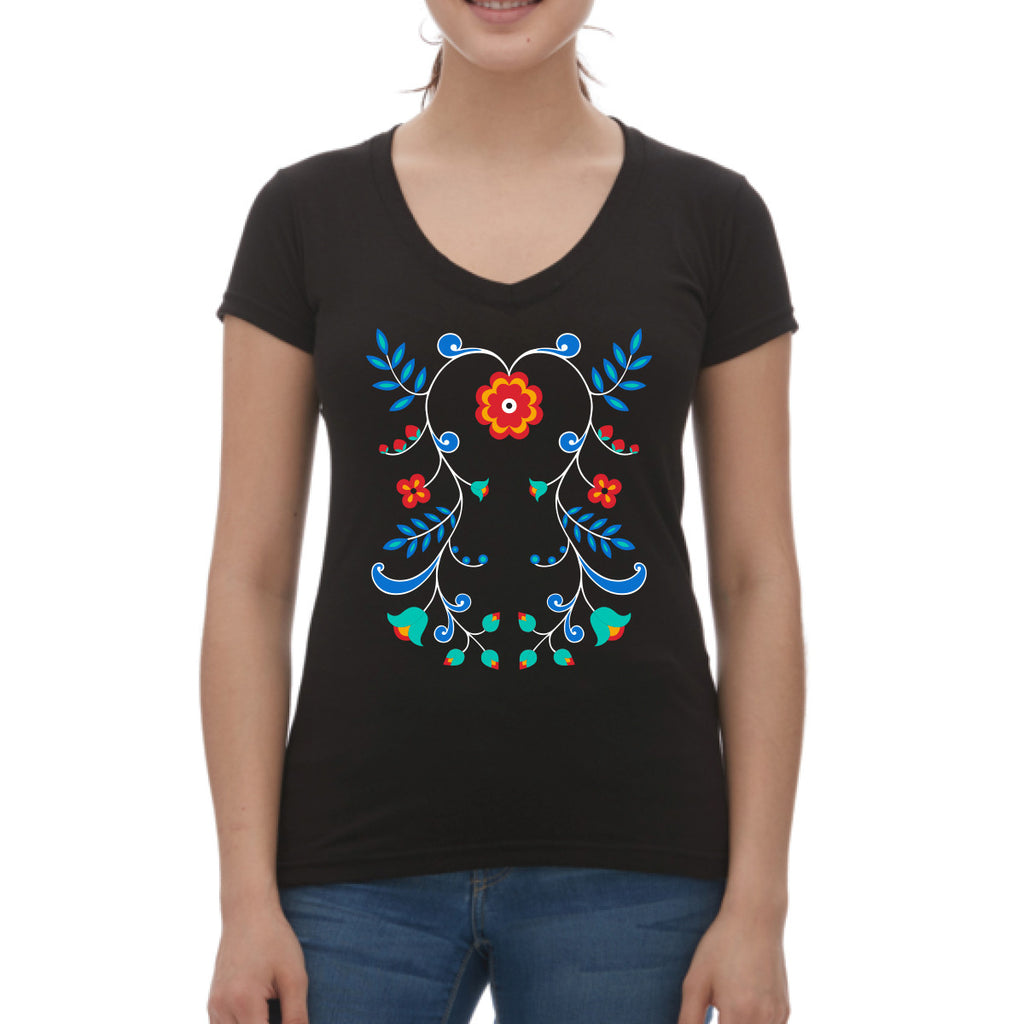 A black ladies' V-neck shirt featuring a traditional Anishinaabe floral design.