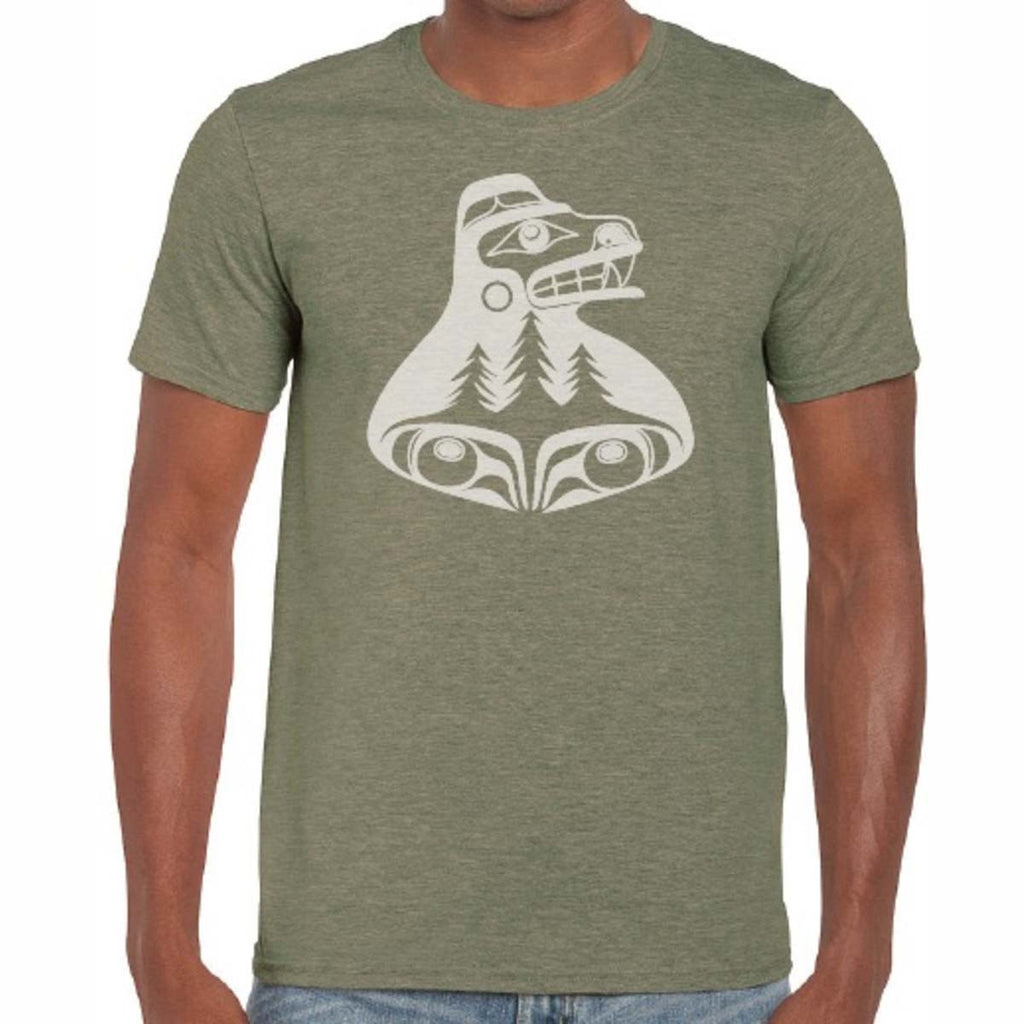 A green unisex T-shirt featuring a Haida motif of a bear.