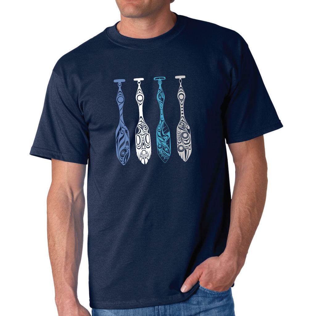 A dark blue unisex T-shirt featuring a Haisla design of four paddles.