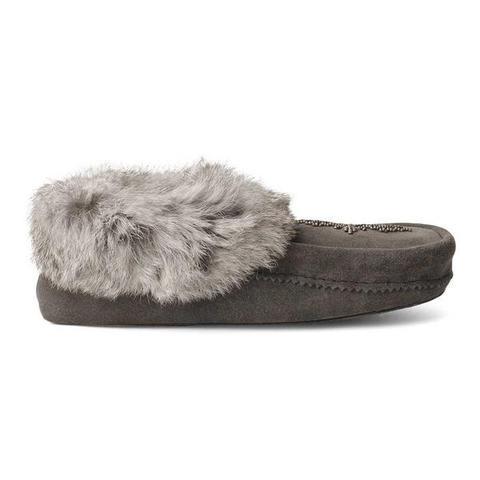 Manitobah mukluk ladies grey moccasin with beaded design and grey fir trim