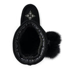 Ladies black suede snowy owl Manitobah Mukluk with beaded design and pom pom on the outside