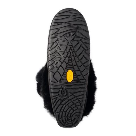 Ladies black suede snowy owl Manitobah Mukluk with beaded design and pom pom on the outside