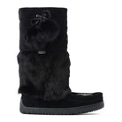 Ladies black suede snowy owl Manitobah Mukluk with beaded design and pom pom on the outside