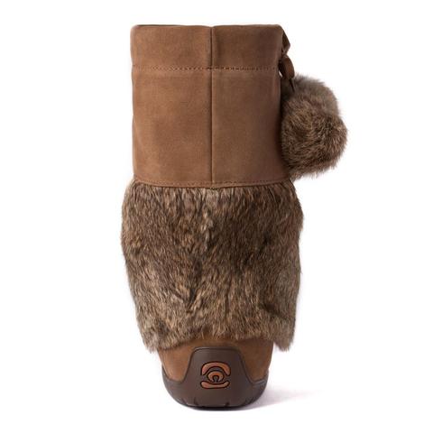 Ladies oak suede snowy owl Manitobah Mukluk with beaded design and pom pom on the outside