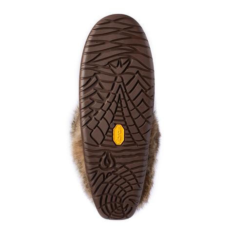 Ladies oak suede snowy owl Manitobah Mukluk with beaded design and pom pom on the outside