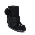 Child black short snowy owl Manitobah Mukluk with beaded design and pom pom on the outside