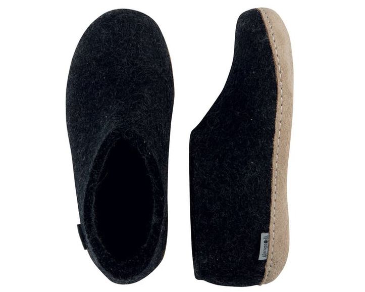 Charcoal coloured wool glerup slip on slipper with leather bottom