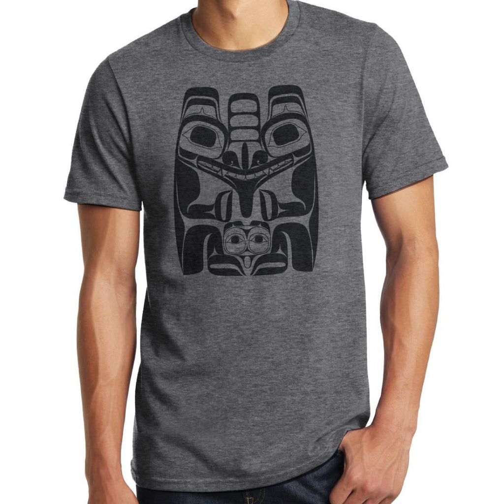 A grey T-shirt featuring a Haida motif of a bear.