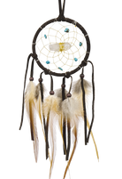 2" Tan Vision Seeker Dream Catchers are detailed with a quartz crystal in the middle of the web and adorned with semi-precious stones. The quartz crystal assists in removing negative thoughts while the semi-precious stones enhance spiritual communications and guidance.
