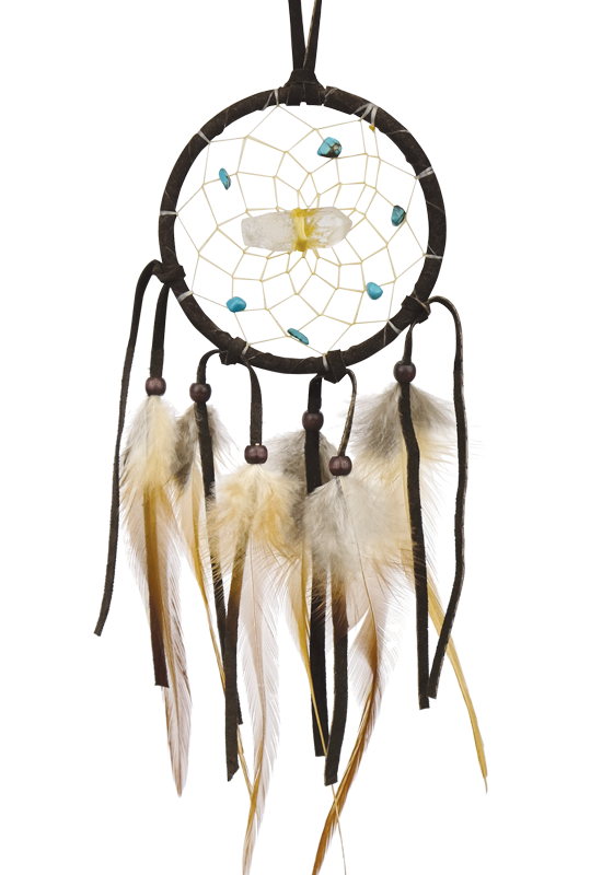 2" Tan Vision Seeker Dream Catchers are detailed with a quartz crystal in the middle of the web and adorned with semi-precious stones. The quartz crystal assists in removing negative thoughts while the semi-precious stones enhance spiritual communications and guidance.