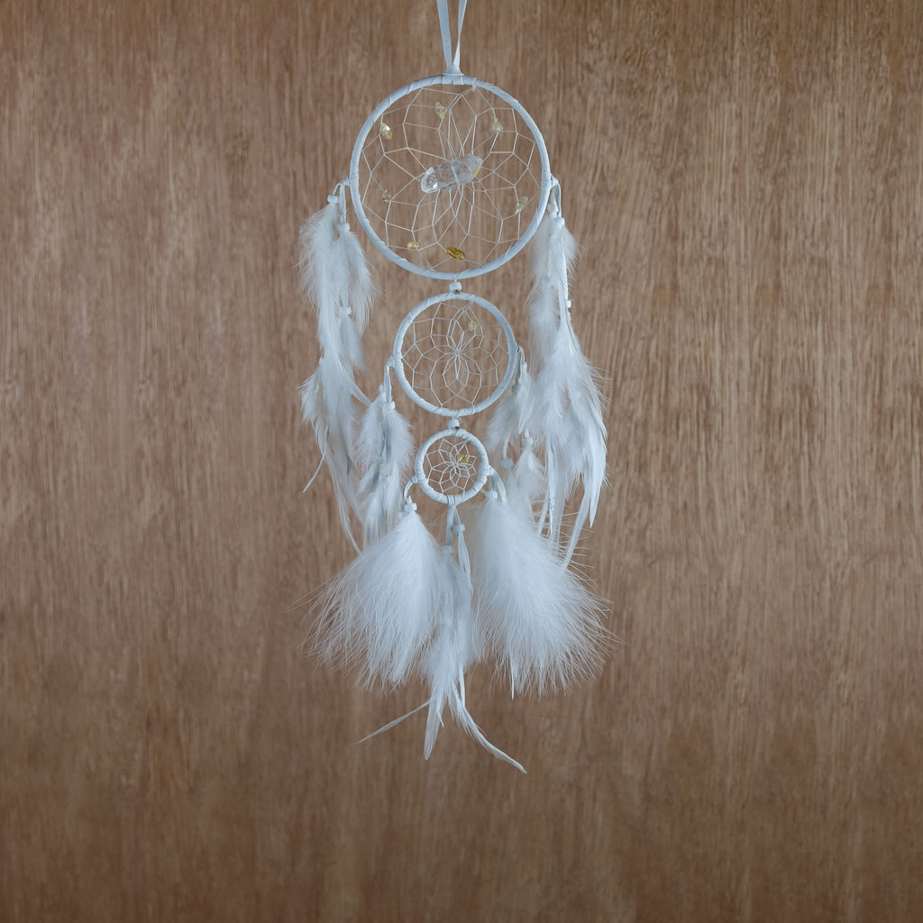 Generations Dream Catcher are detailed with semi-precious stones and a quartz crystal in the middle of the web. The top ring is 4", the middle is 2.5" and the smallest is 1.5". Ideal for a child's room wall decor.