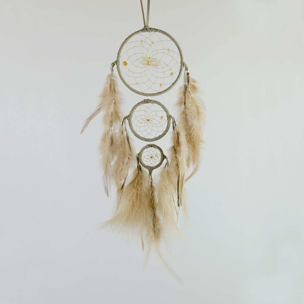 Generations Dream Catcher are detailed with semi-precious stones and a quartz crystal in the middle of the web. The top ring is 4", the middle is 2.5" and the smallest is 1.5". Ideal for a child's room wall decor.