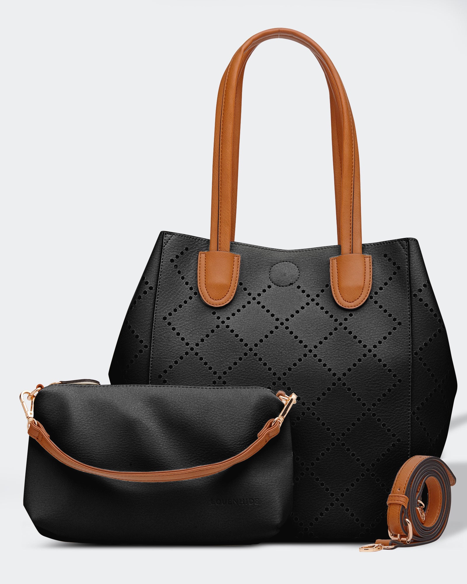 Vegan leather Louenhide bag featuring the 2 in 1 Bermuda purse with laser cut diamond shape design and an extra adjustable strap.