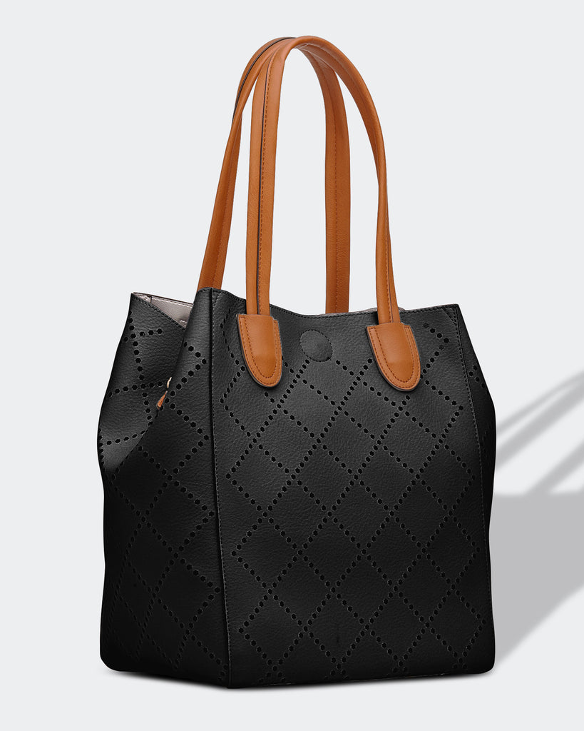 Vegan leather Louenhide bag featuring the 2 in 1 Bermuda purse with laser cut diamond shape design and an extra adjustable strap.