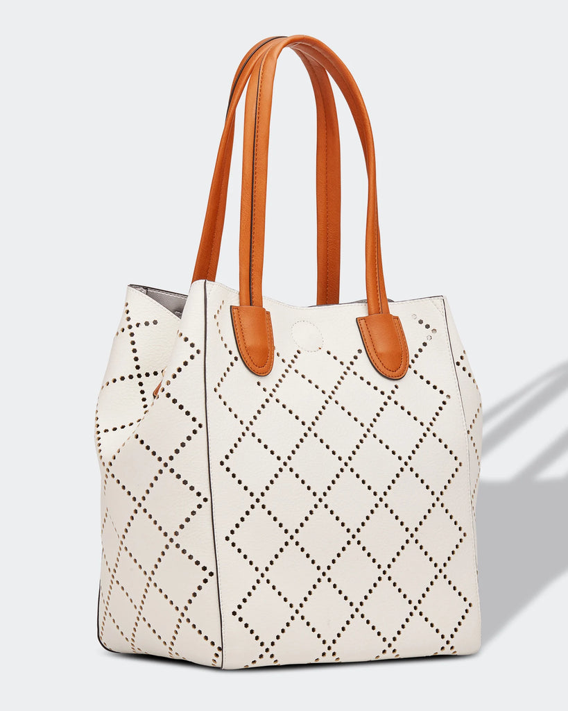 Vegan leather Louenhide bag featuring the 2 in 1 Bermuda purse with laser cut diamond shape design and an extra adjustable strap.