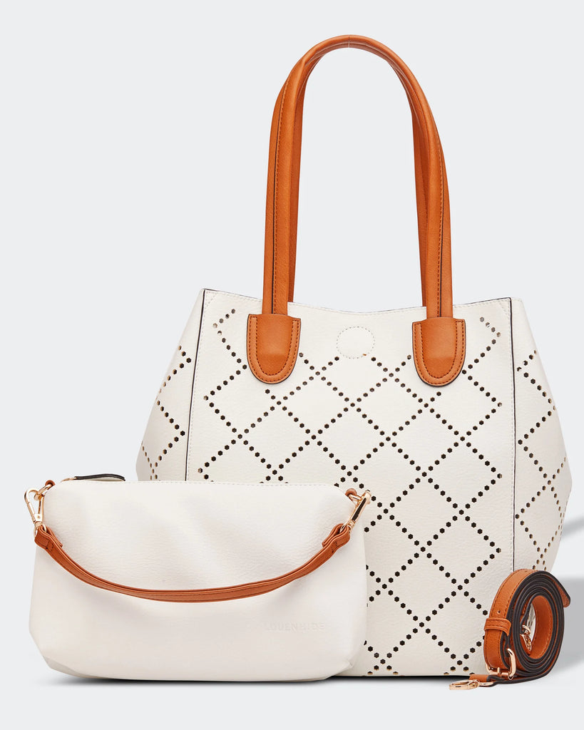 Vegan leather Louenhide bag featuring the 2 in 1 Bermuda purse with laser cut diamond shape design and an extra adjustable strap.