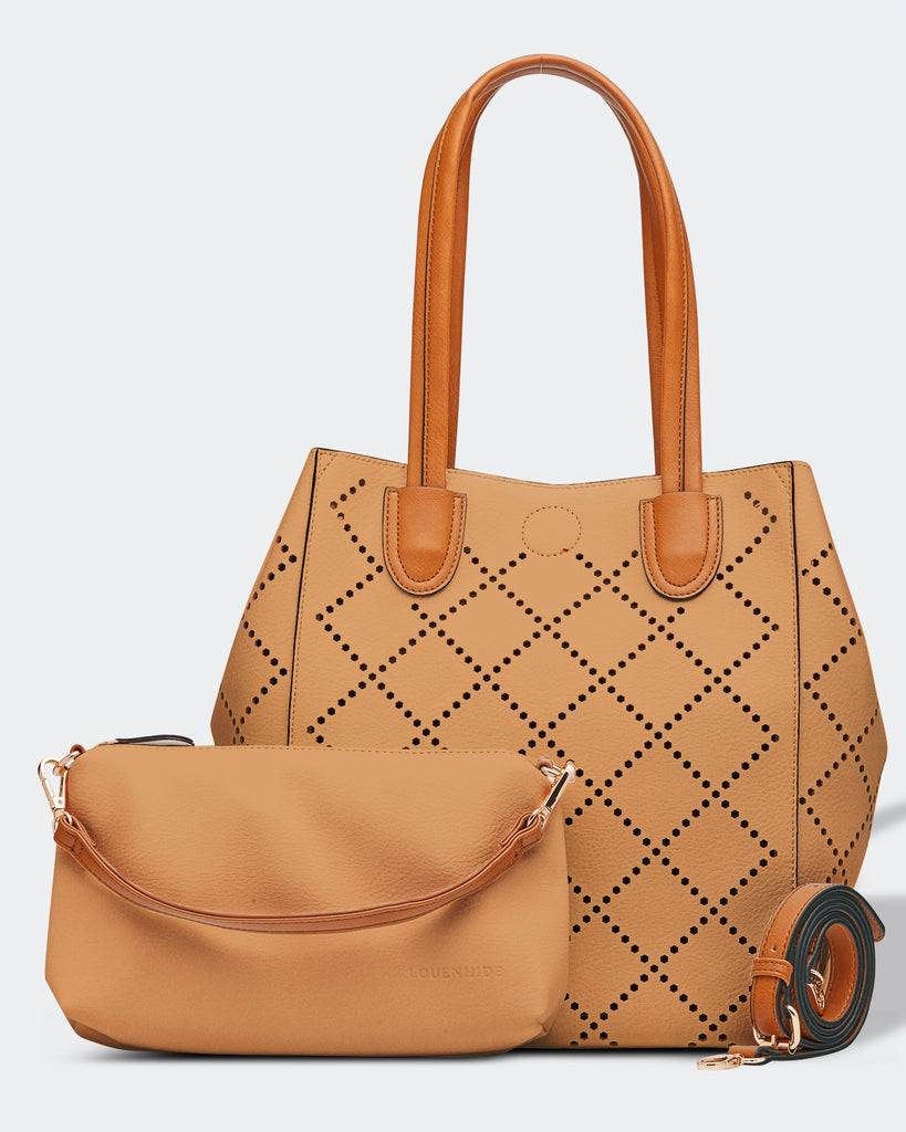 Vegan leather Louenhide bag featuring the 2 in 1 Bermuda purse with laser cut diamond shape design and an extra adjustable strap.