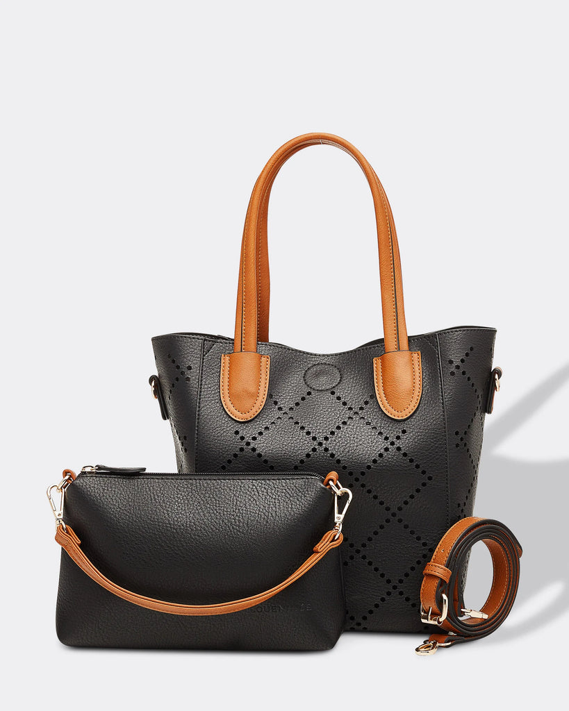 Louenhide bag featuring the 2 in 1 baby Bermuda purse with laser cut diamond shape design and an extra adjustable strap. 