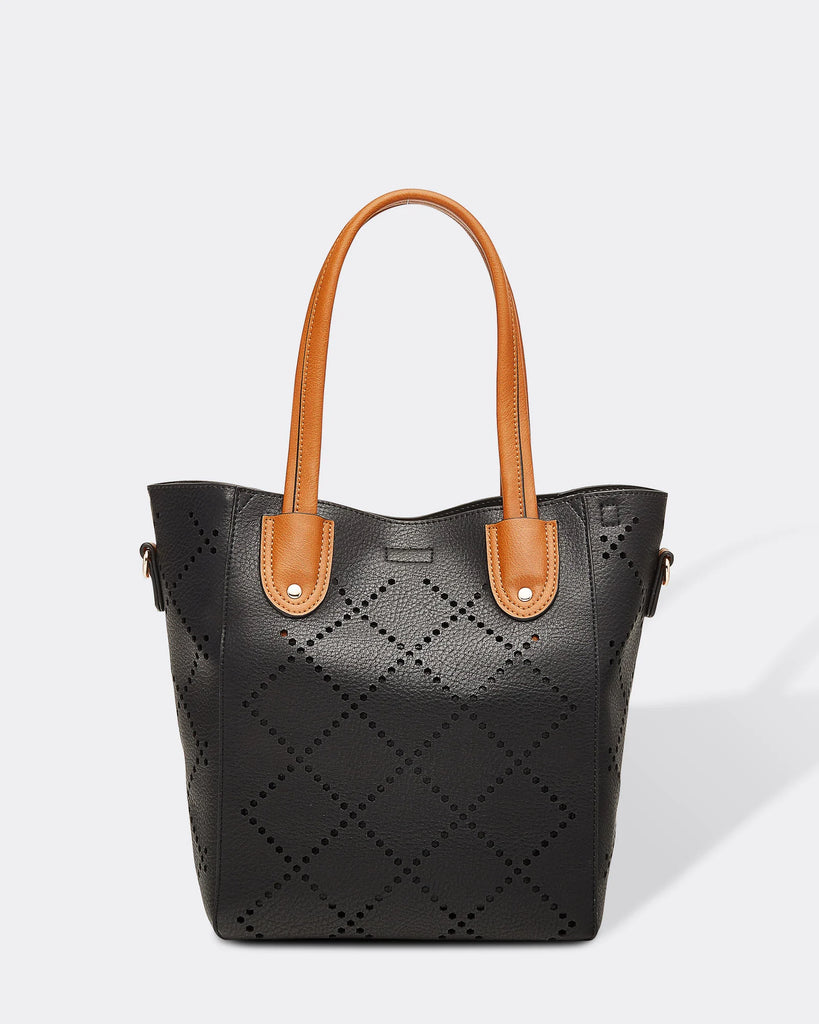 Louenhide bag featuring the 2 in 1 baby Bermuda purse with laser cut diamond shape design and an extra adjustable strap. 