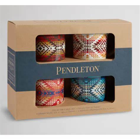 Pack of 4 14oz sturdy ceramic Pendleton mugs featuring their oldest and most popular designs.