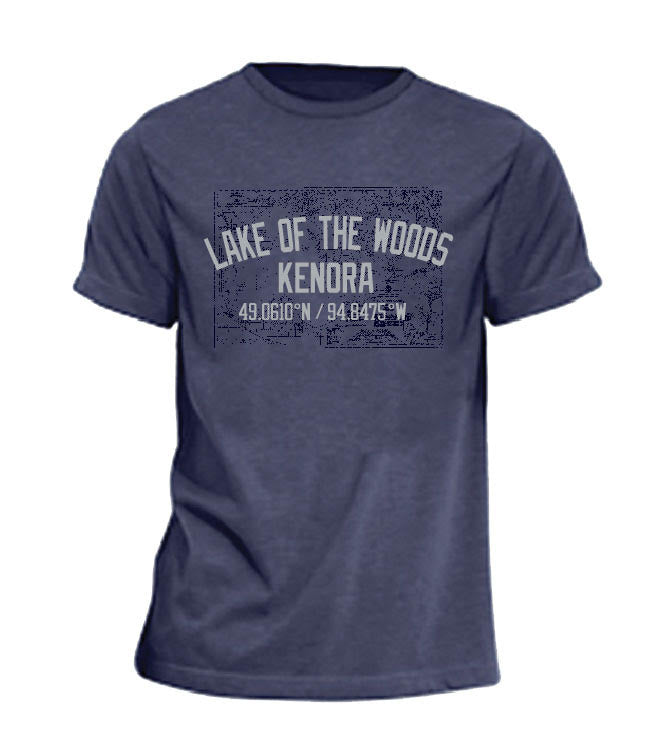  This popular tee is a navy unisex fit that features the map of Lake of the Woods allowing for your great memories on the lake to be cherished forever.