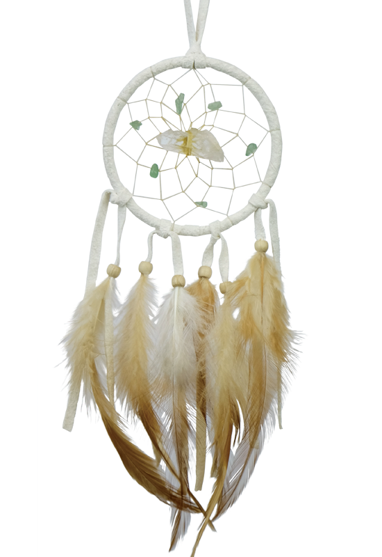 2" Tan Vision Seeker Dream Catchers are detailed with a quartz crystal in the middle of the web and adorned with semi-precious stones. The quartz crystal assists in removing negative thoughts while the semi-precious stones enhance spiritual communications and guidance.